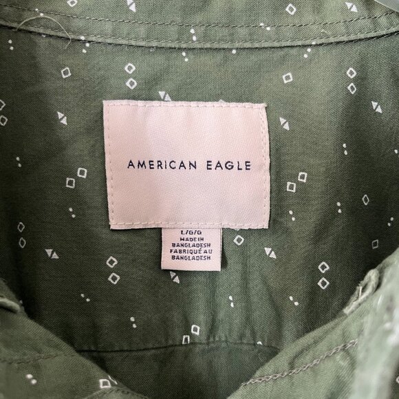 American Eagle Men Sz L Button Up Shirt Green Geometric Long Sleeve Standard Fit - Picture 2 of 8
